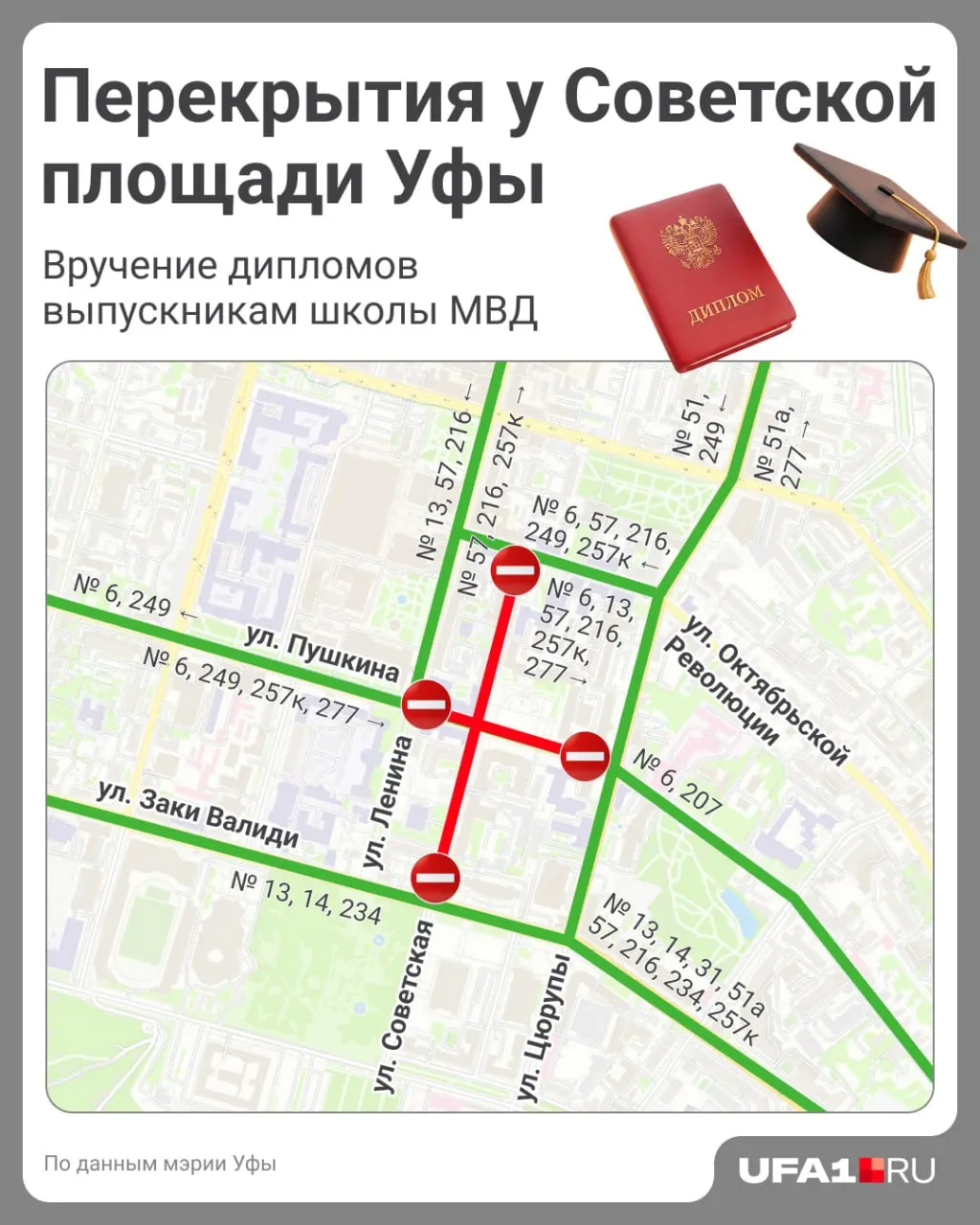 30 июля и 1 августа из‑за подготовки и вручения дипломов выпускникам юридического института МВД будет временно ограничен проезд у Советской площади: 30 июля с 13:30 до 19:30, 1 августа с 8:30 до 14:30.