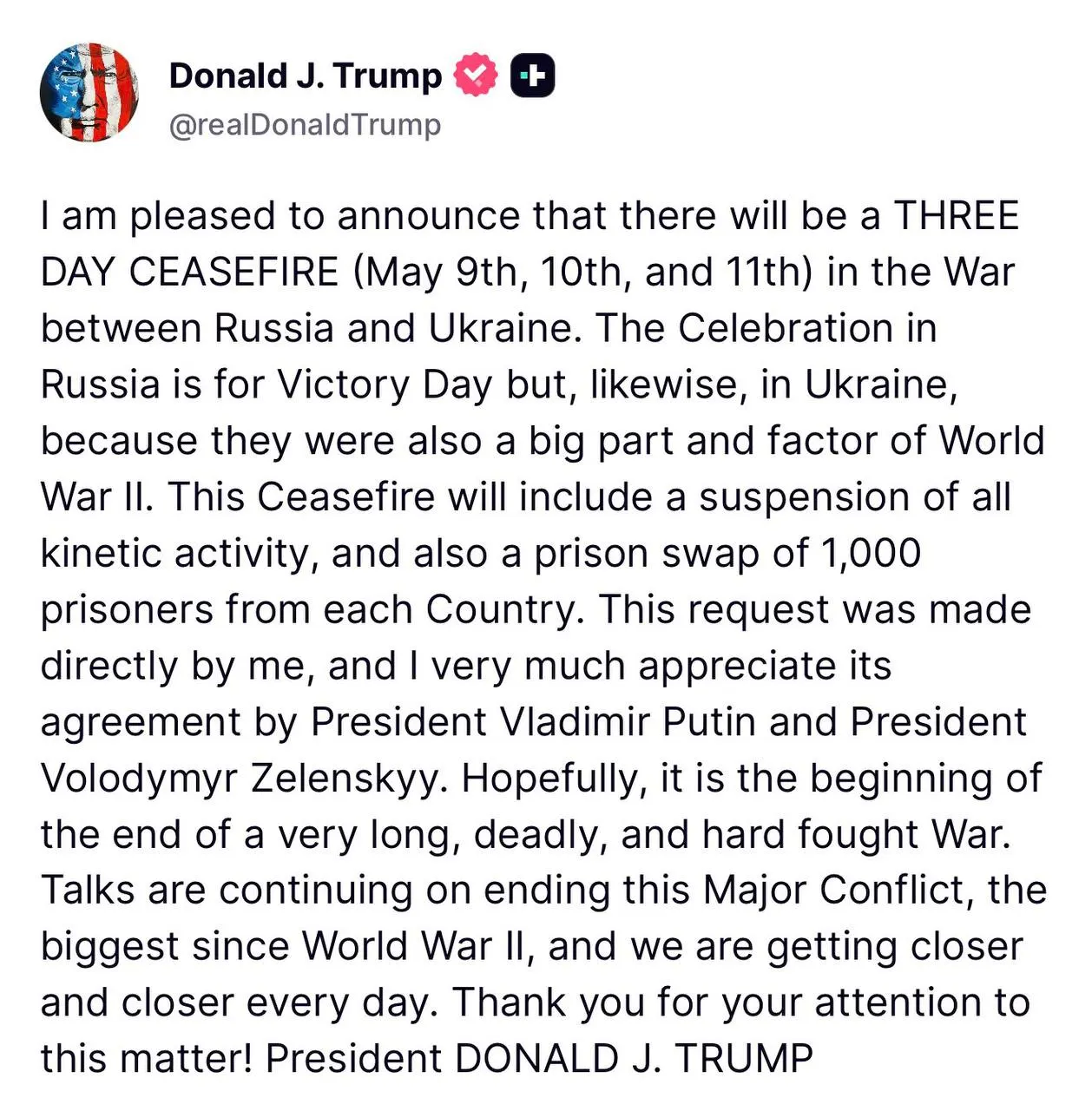 По словам Дональда Трампа, режим прекращения огня на 9–11 мая должен включать обмен пленными по формуле 1000 человек с каждой стороны.
