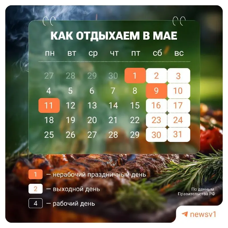 С 9 по 11 мая установлены официальные нерабочие дни в связи с празднованием Дня Победы.