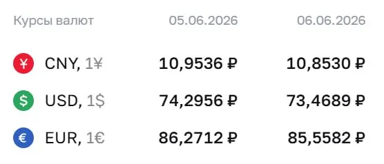 Официальный курс Центробанка на выходные и 8 июня: доллар — ₽73,47, евро — ₽85,56, юань — ₽10,85. По этому курсу проводятся расчёты по ряду финансовых инструментов.