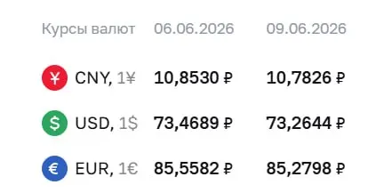 Официальный курс Центробанка на 9 июня: доллар — 73,26 ₽, евро — 85,28 ₽, юань — 10,78 ₽. По курсу ЦБ проходят расчёты по отдельным облигациям и валютным фьючерсам.